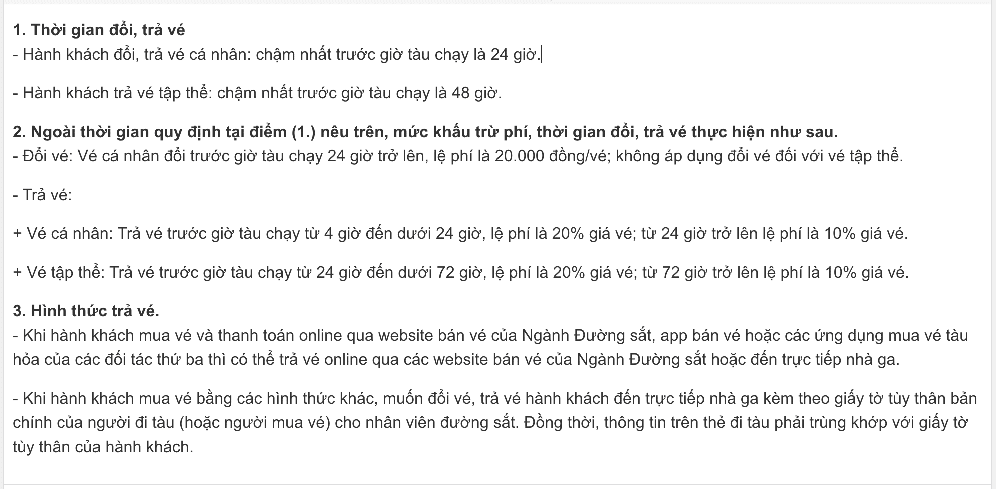 Quy định đổi trả vé tàu